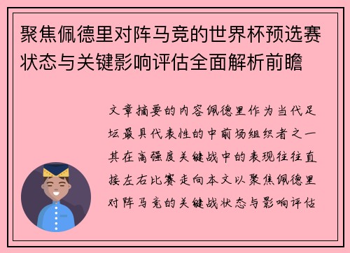 聚焦佩德里对阵马竞的世界杯预选赛状态与关键影响评估全面解析前瞻