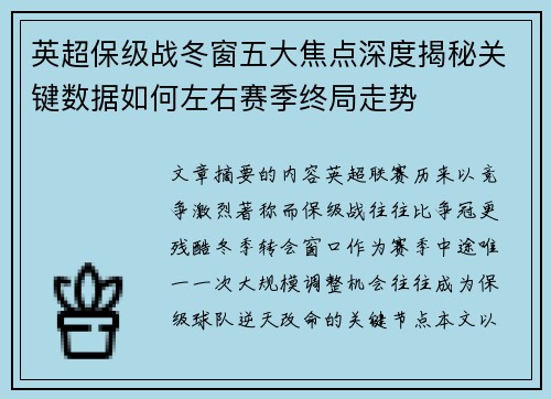 英超保级战冬窗五大焦点深度揭秘关键数据如何左右赛季终局走势